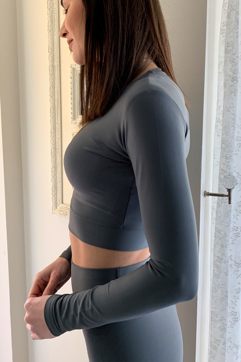 Koyu Gri Uzun Kol Crop Tayt Takım 