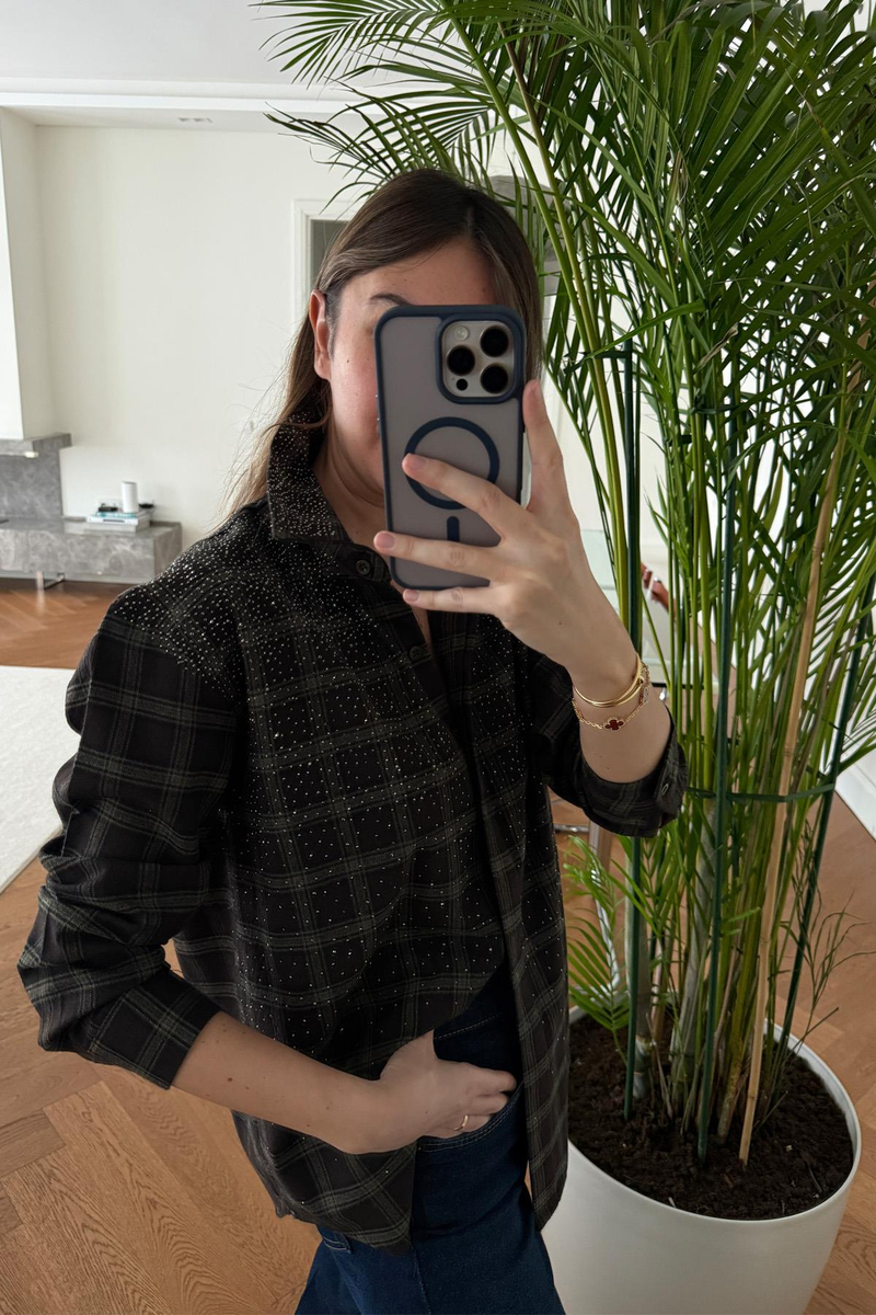 Koyu Haki Taş Detaylı Kareli Gömlek 