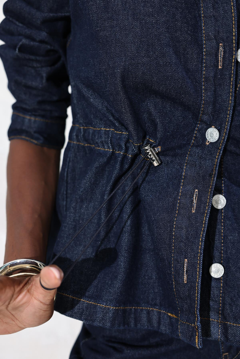 Koyu Lacivert Beli Büzgülü Denim Ceket 0265