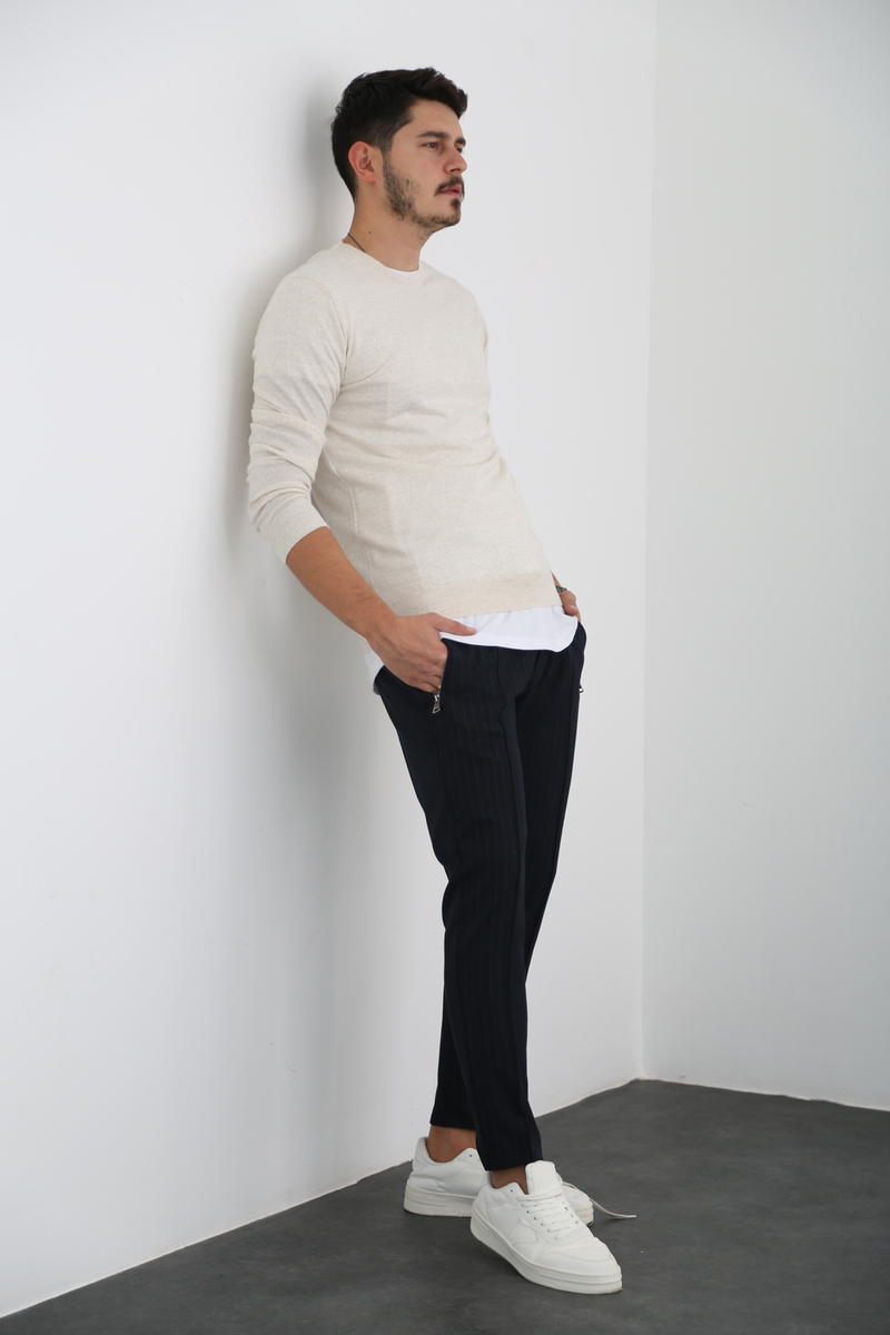 Koyu Lacivert Çizgili Kumaş Pantolon 2301-05