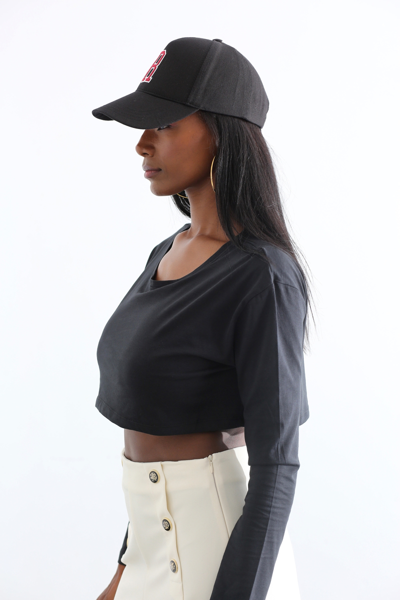 Koyu Lacivert Crop Detaylı Uzun Kol Tshirt 