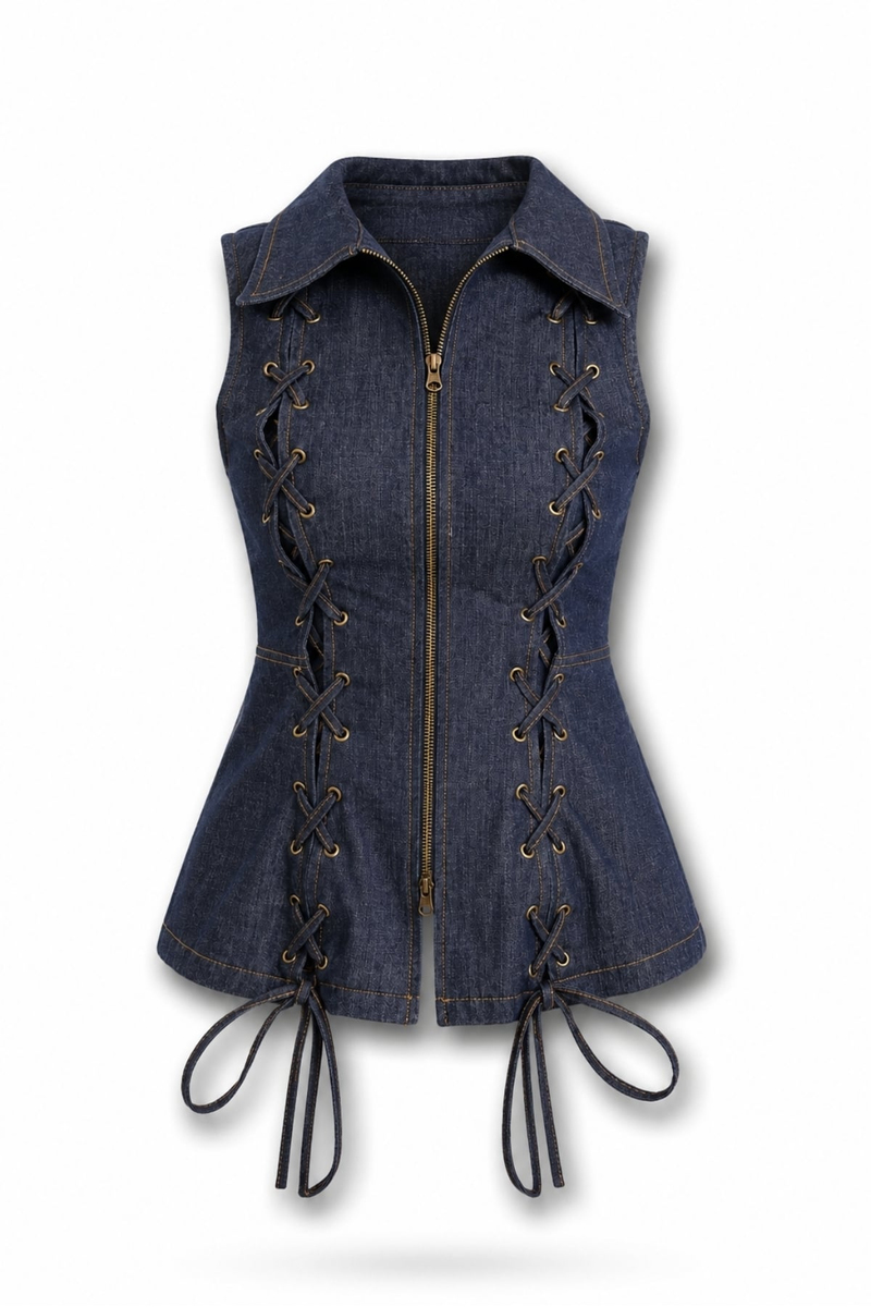 Koyu Lacivert Kuş Gözü Detaylı Denim Yelek 37517