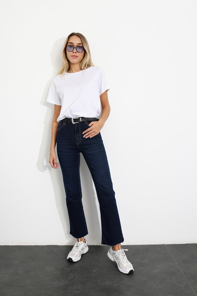Koyu Lacivert Yüksek Bel Cropped Jean 2301