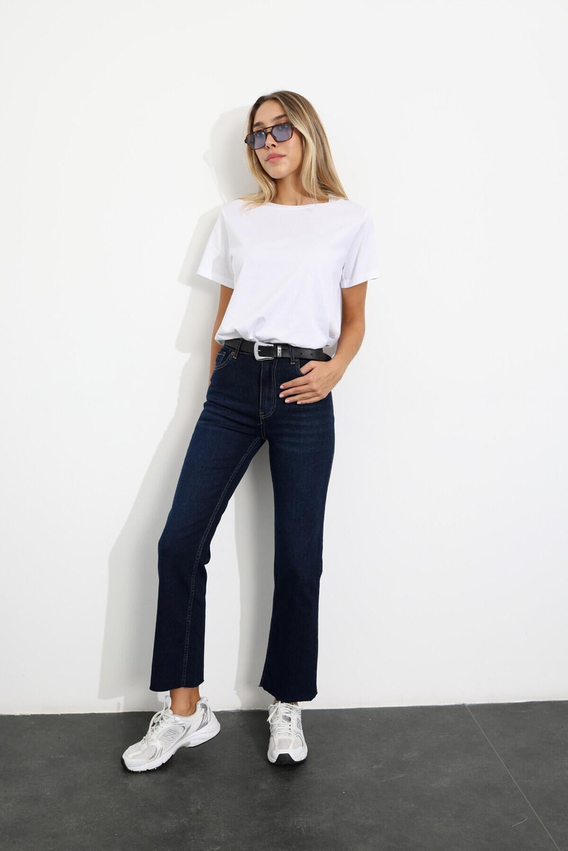 Koyu Lacivert Yüksek Bel Cropped Jean 2301
