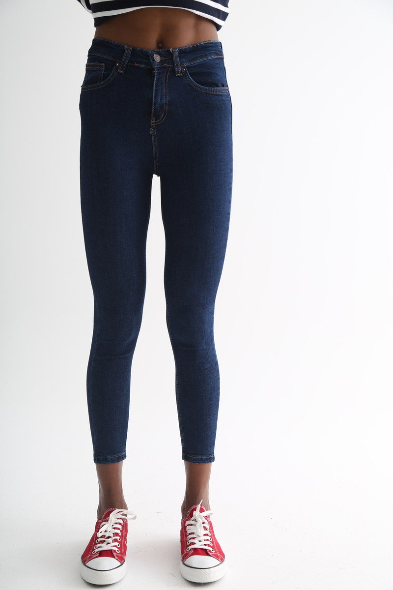 Koyu Lacivert Yüksek Bel Toparlayan Slim Fit Jean 