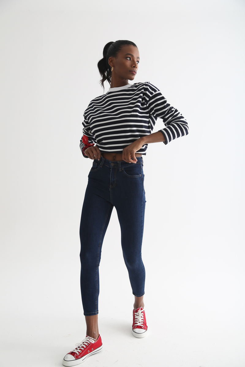 Koyu Lacivert Yüksek Bel Toparlayan Slim Fit Jean 
