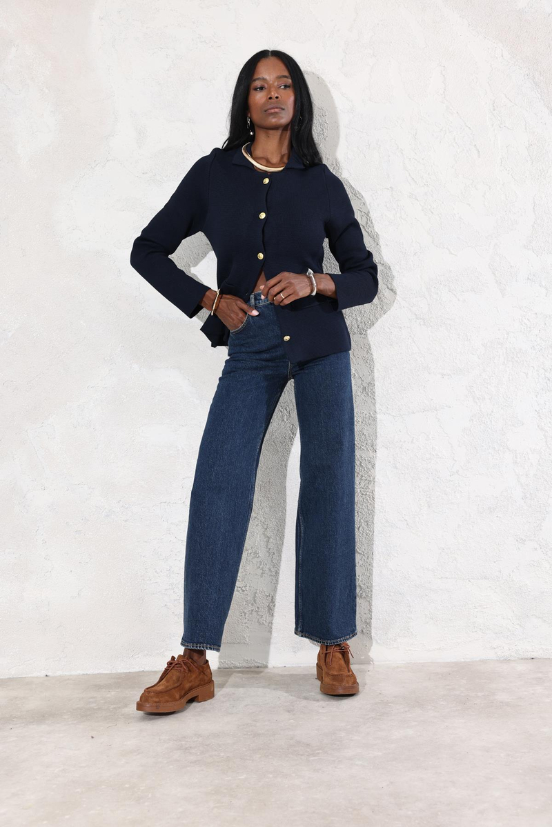 Koyu Lacivert Yüksek Bel Wide Leg Jean 