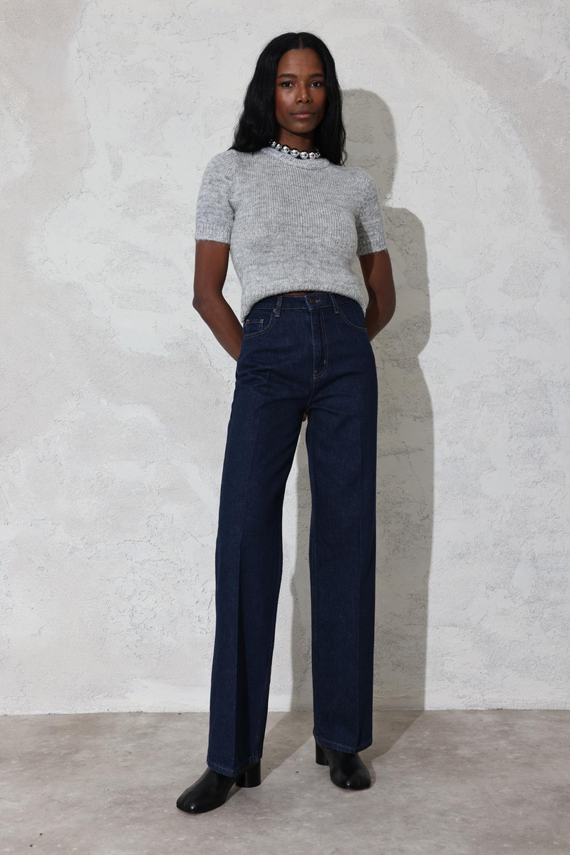 Koyu Lacivert Yüksek Bel Wide Leg Jean 7714