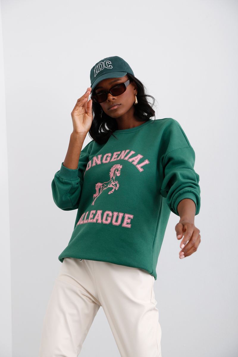 Koyu Yeşil Şardonlu Baskılı Sweatshirt 0181
