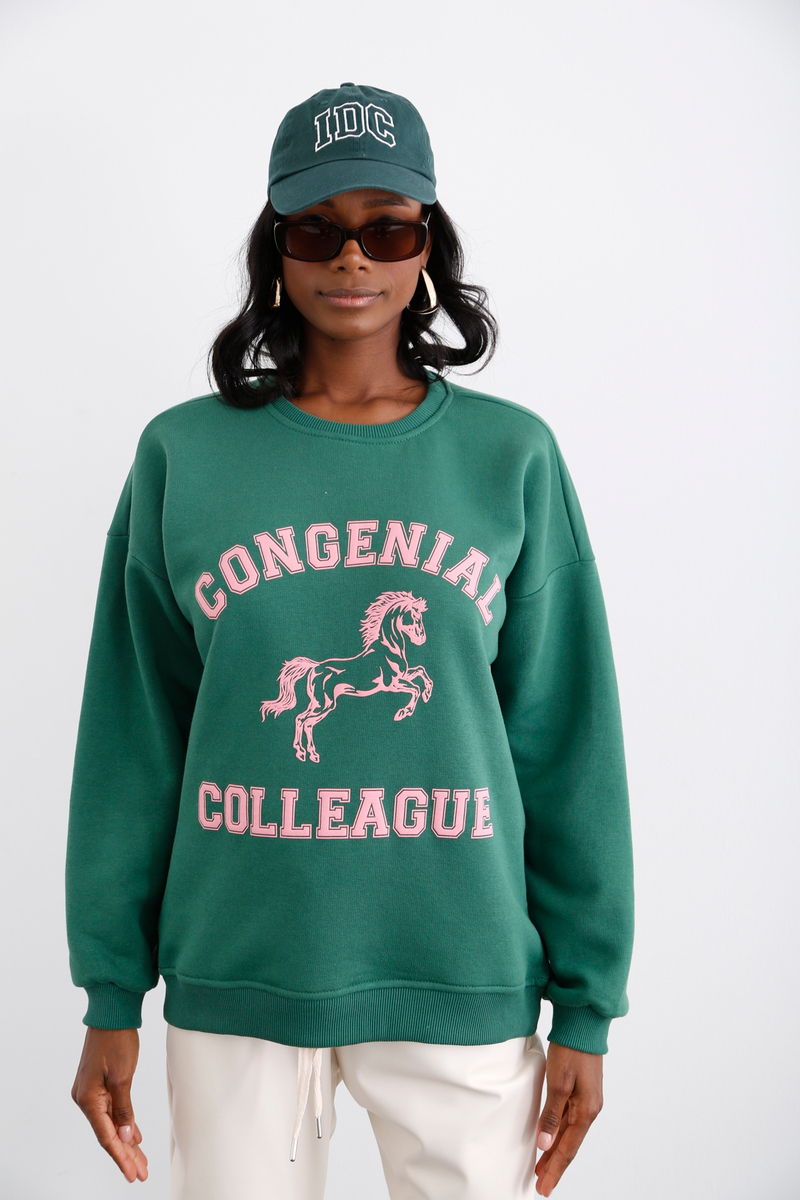 Koyu Yeşil Şardonlu Baskılı Sweatshirt 0181