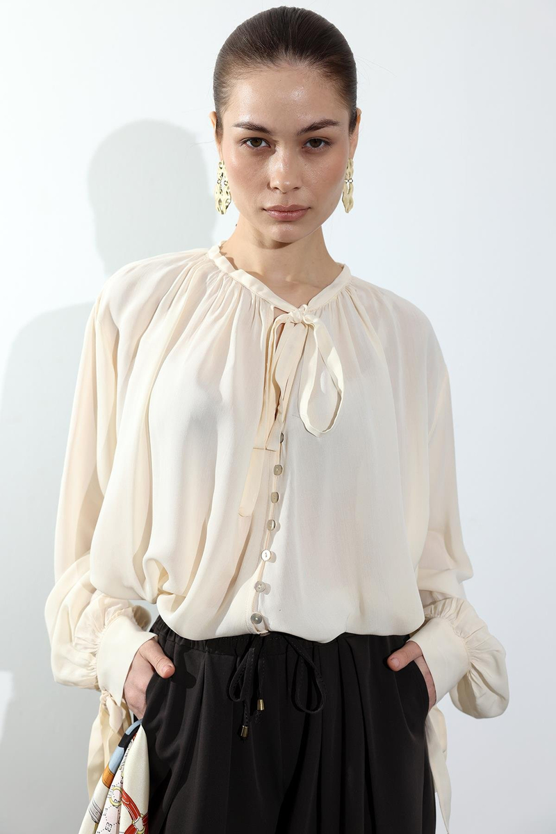 Krem Bağlama Detaylı Şifon Gömlek 4988