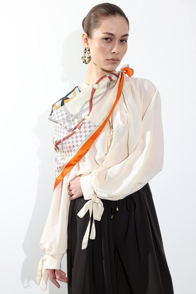 Krem Bağlama Detaylı Şifon Gömlek 4988