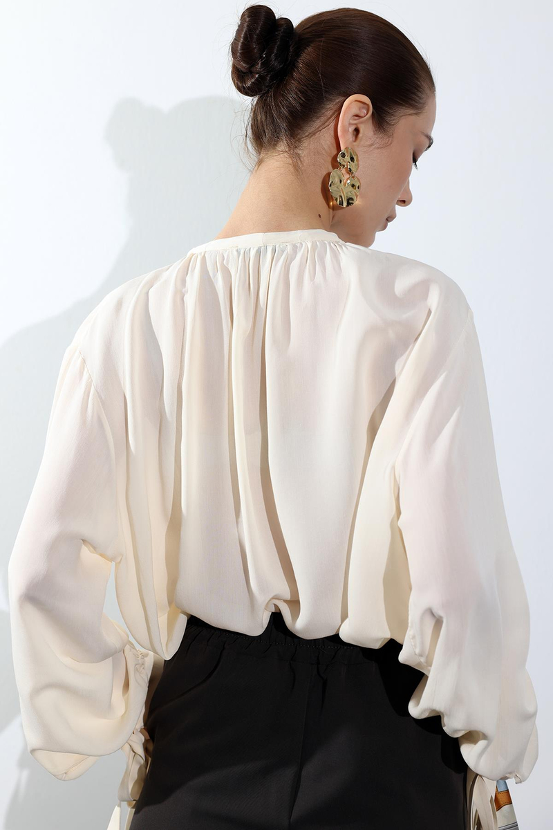 Krem Bağlama Detaylı Şifon Gömlek 4988