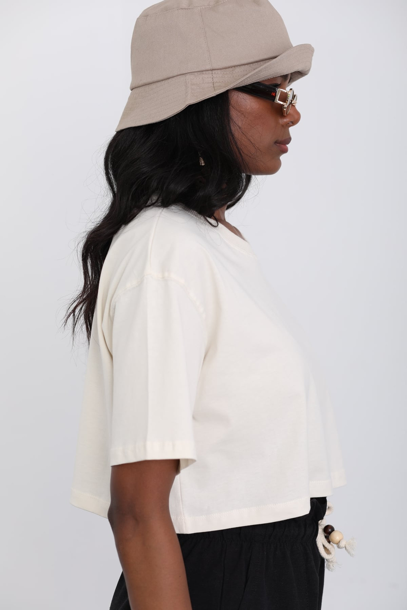 Krem Kısa Kol Crop Tshirt 