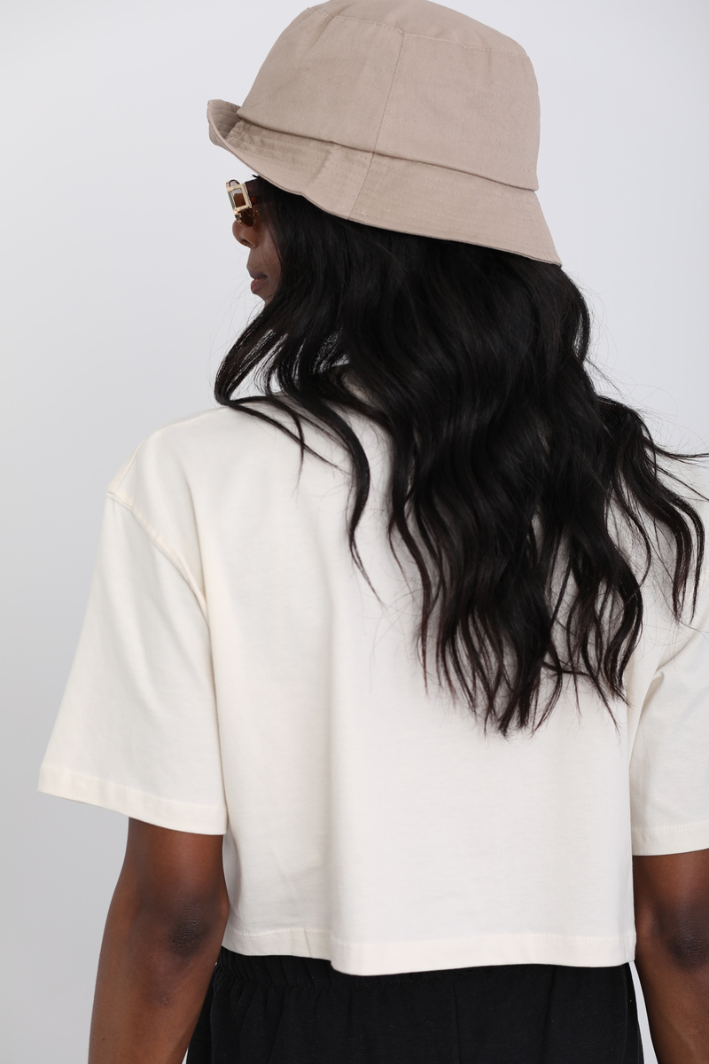 Krem Kısa Kol Crop Tshirt 