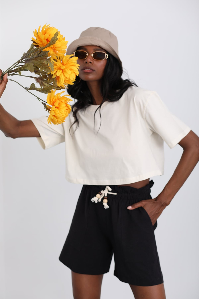 Krem Kısa Kol Crop Tshirt 