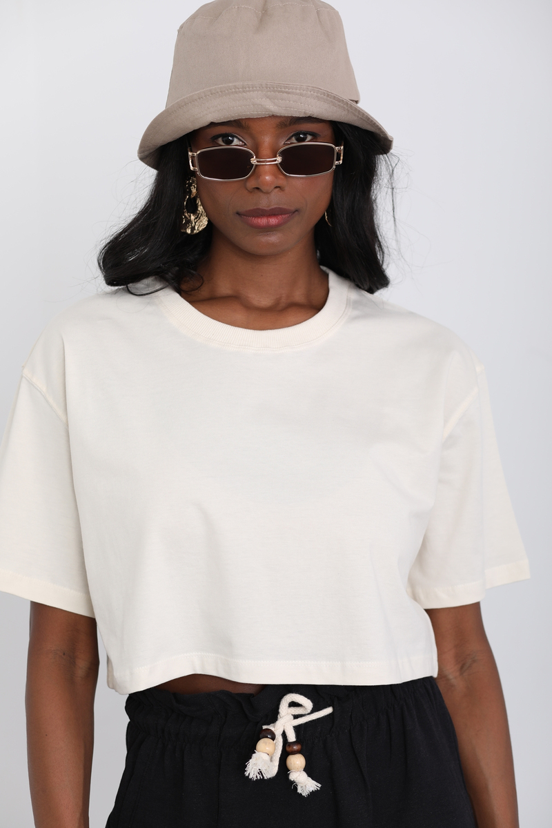 Krem Kısa Kol Crop Tshirt 