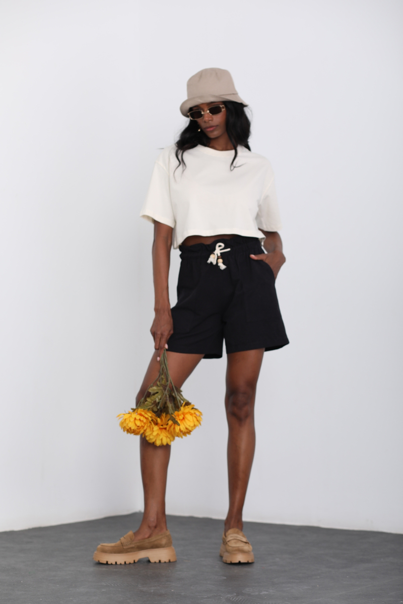 Krem Kısa Kol Crop Tshirt 