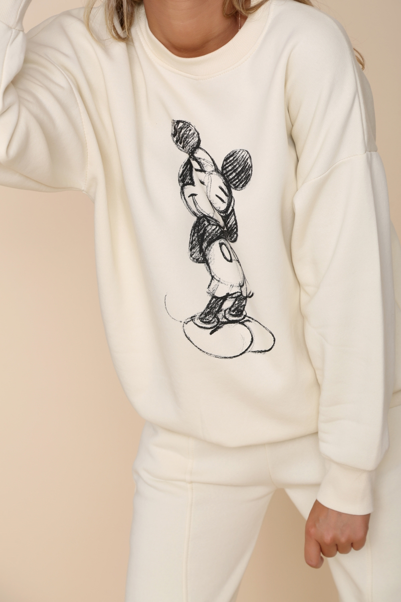 Krem Mickey Baskılı Şardonlu Sweatshirt 3197