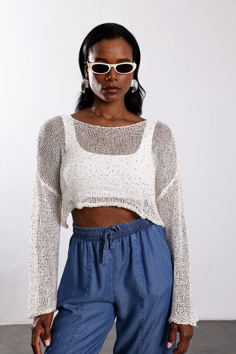 Krem Pullu Crop Merserize Triko 