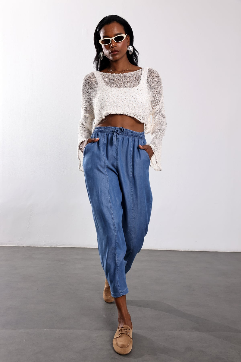 Krem Pullu Crop Merserize Triko 
