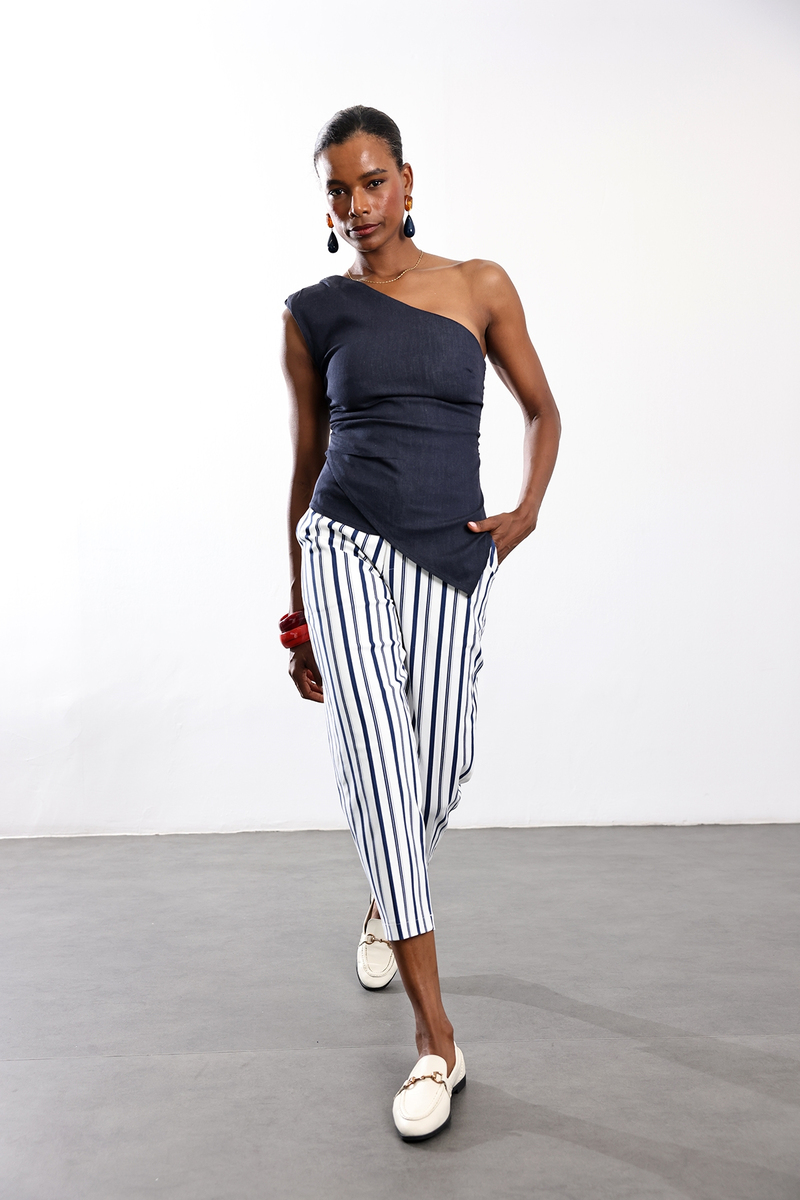 Lacivert Asimetrik Yaka Denim Bluz 3281