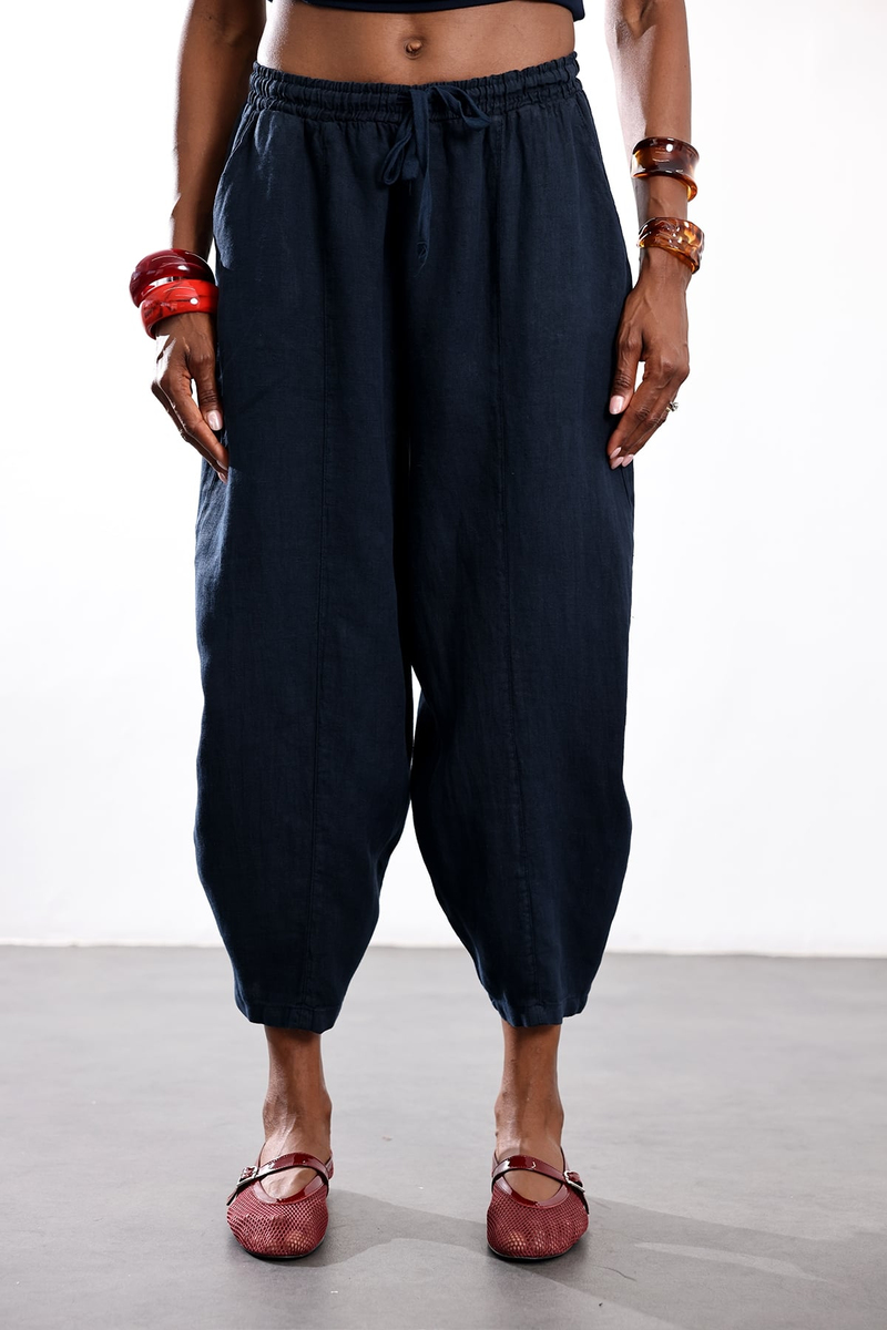 Lacivert Barrel Kesim Keten Pantolon 031693