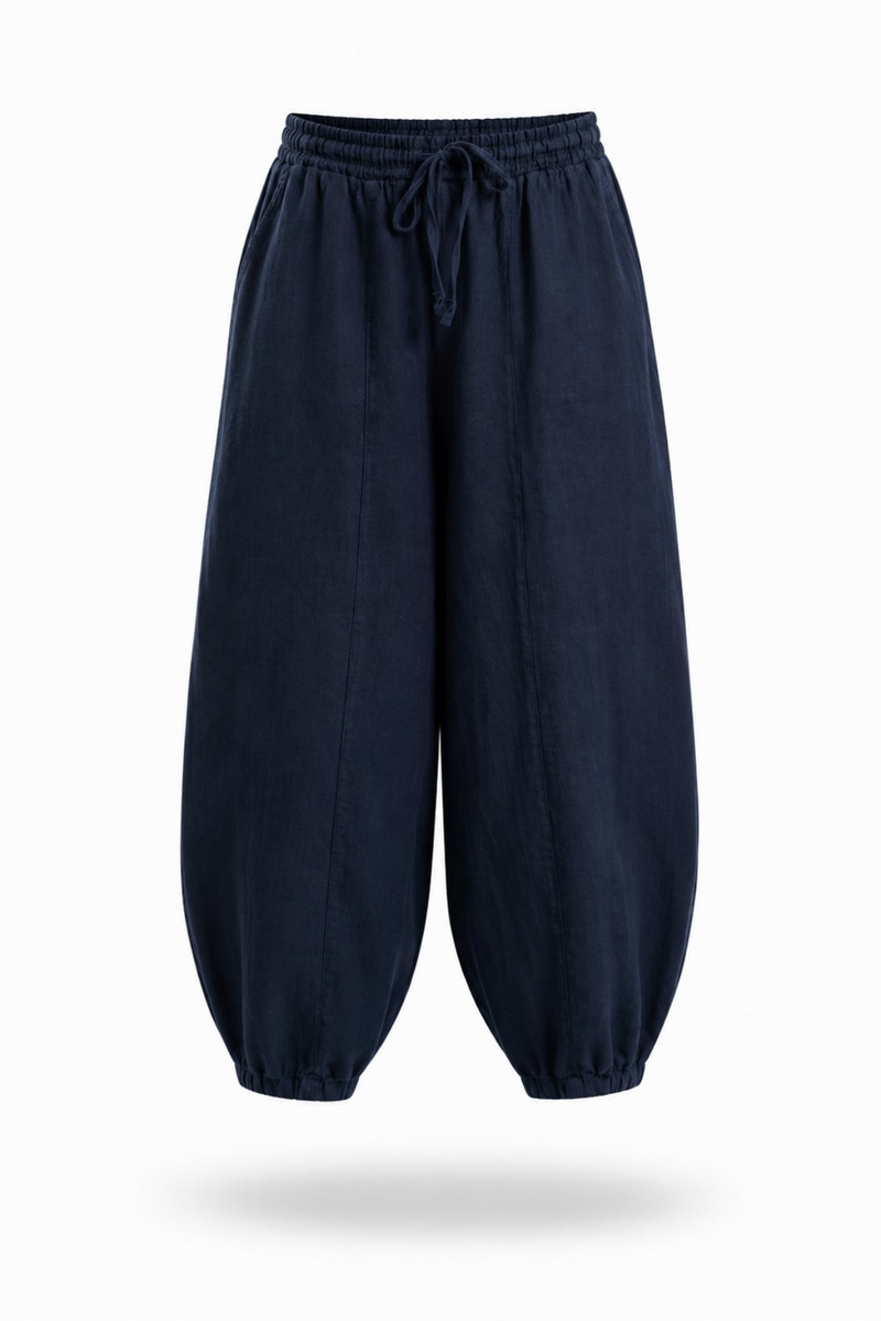 Lacivert Barrel Kesim Keten Pantolon 031693