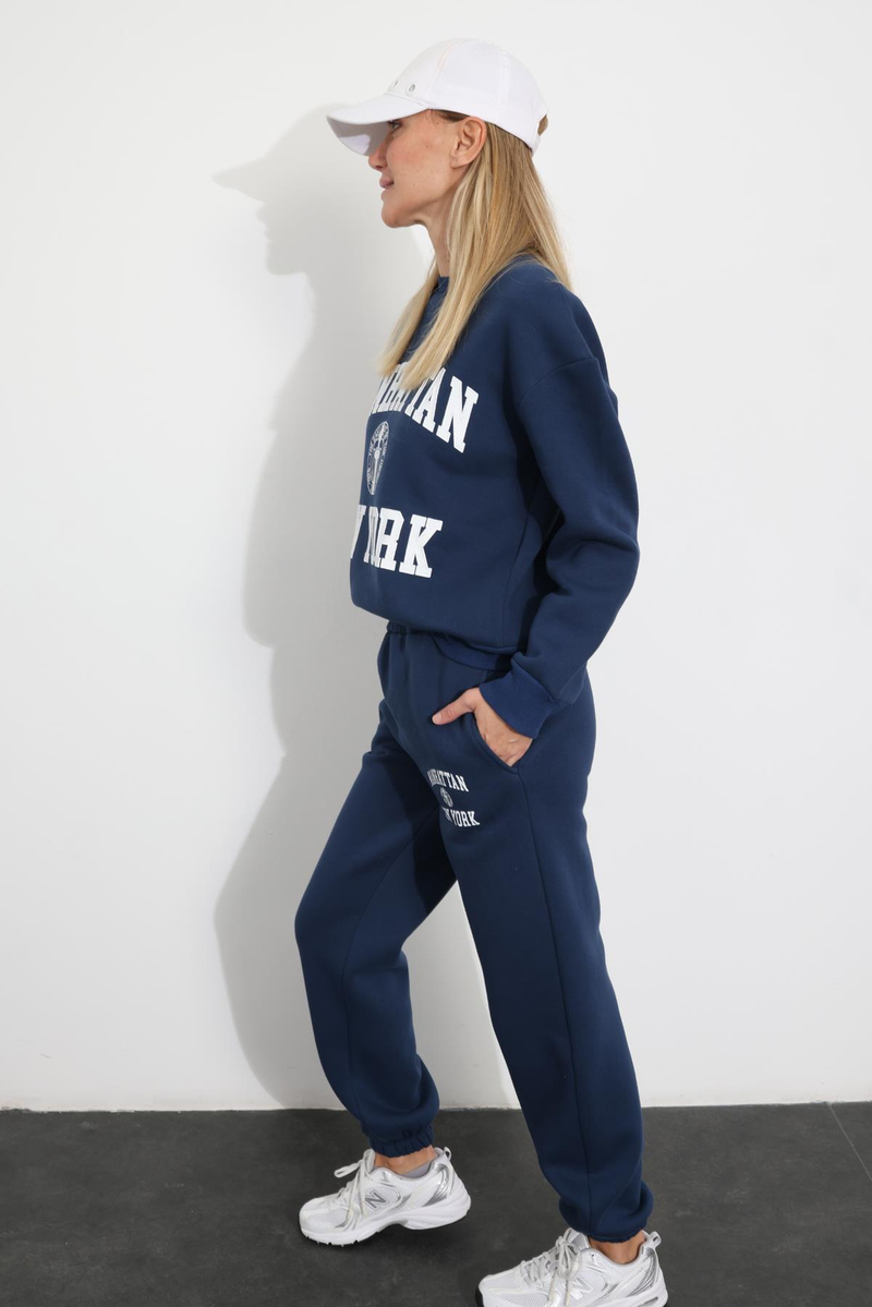 Lacivert Baskılı Sweatshirt Eşofman Takım 98313