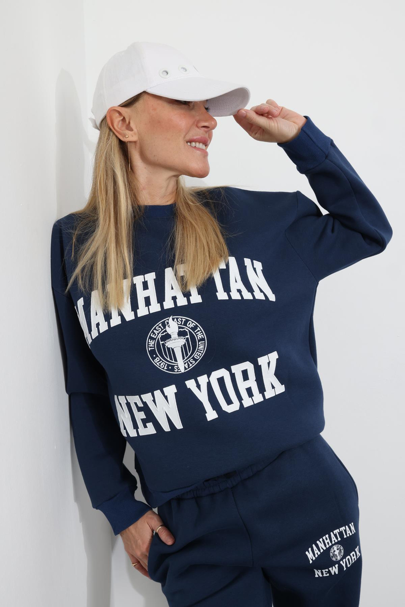 Lacivert Baskılı Sweatshirt Eşofman Takım 98313