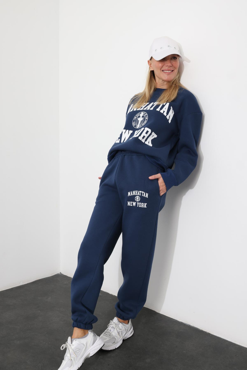 Lacivert Baskılı Sweatshirt Eşofman Takım 98313
