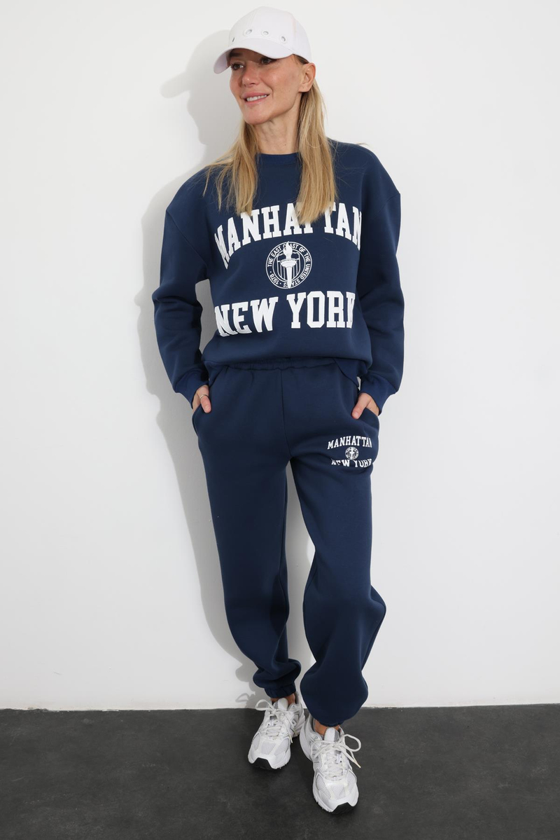 Lacivert Baskılı Sweatshirt Eşofman Takım 98313