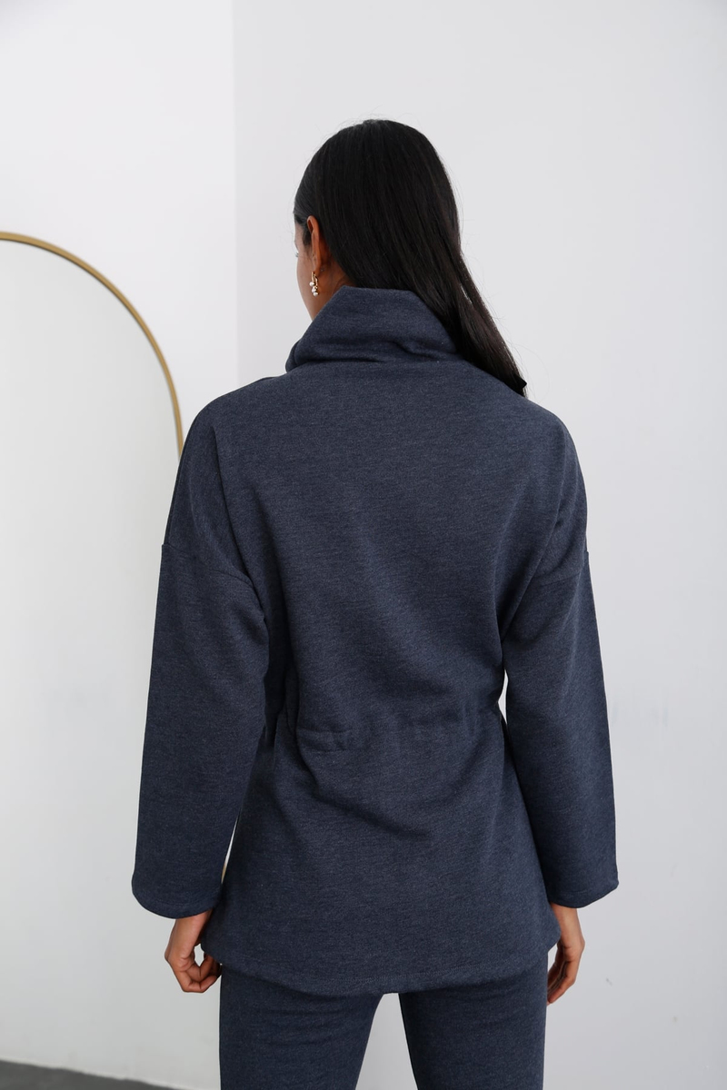 Lacivert Beli Büzgülü Balıkçı Sweatshirt 