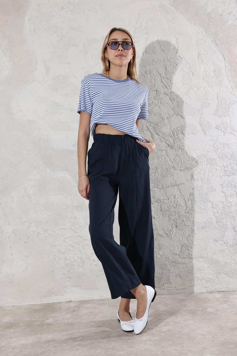 Lacivert Beli Lastikli Keten Pantolon 1557