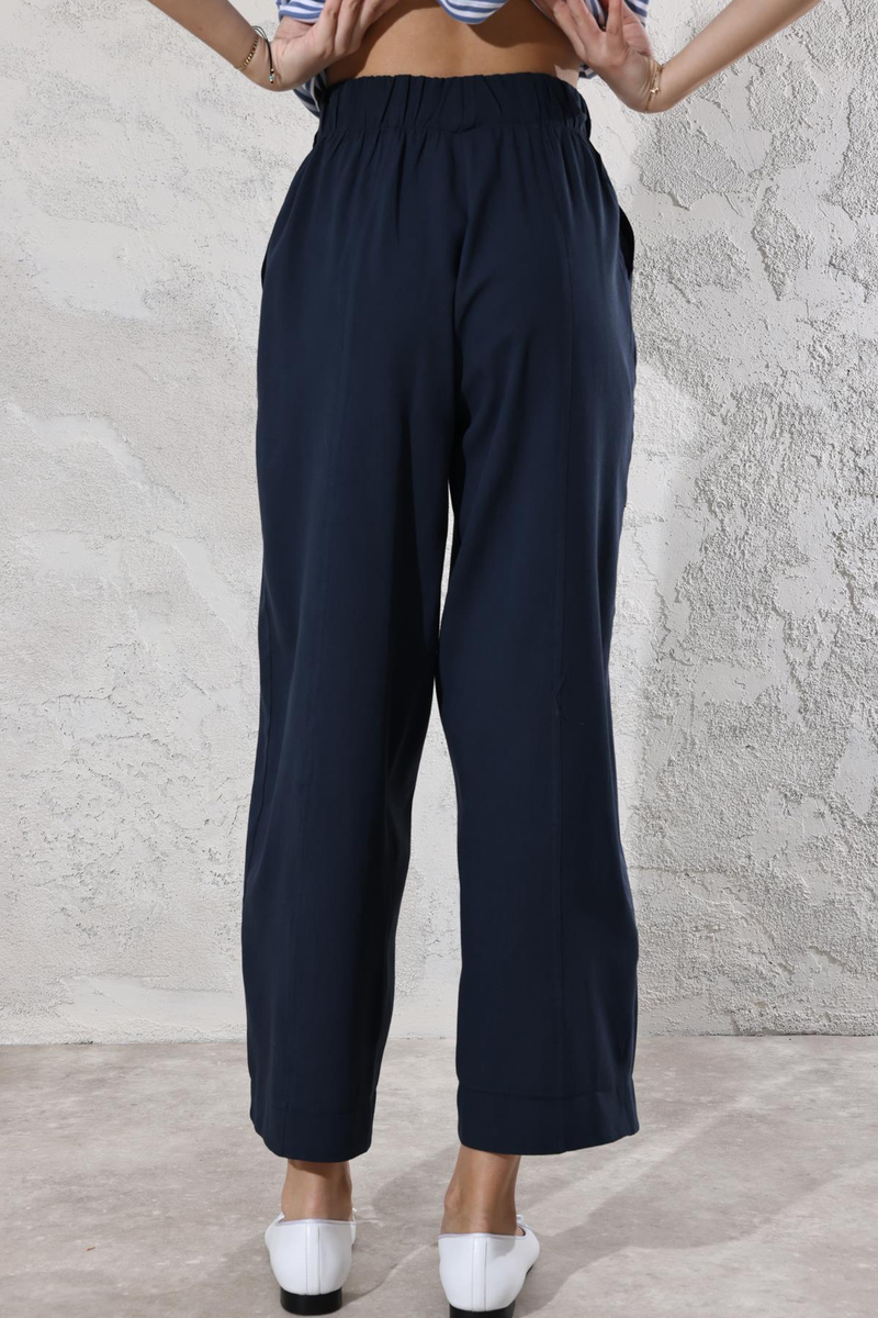 Lacivert Beli Lastikli Keten Pantolon 1557