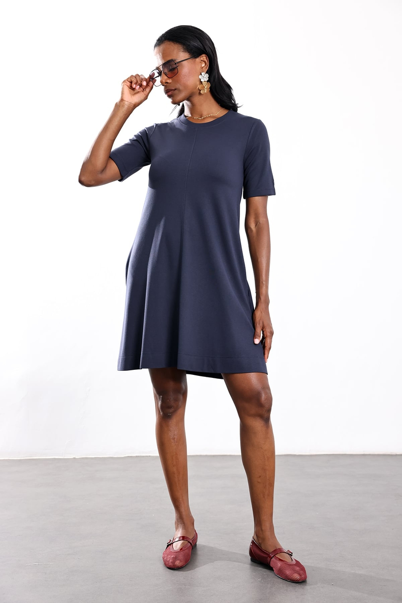 Lacivert Bisiklet Yaka Basic Elbise 