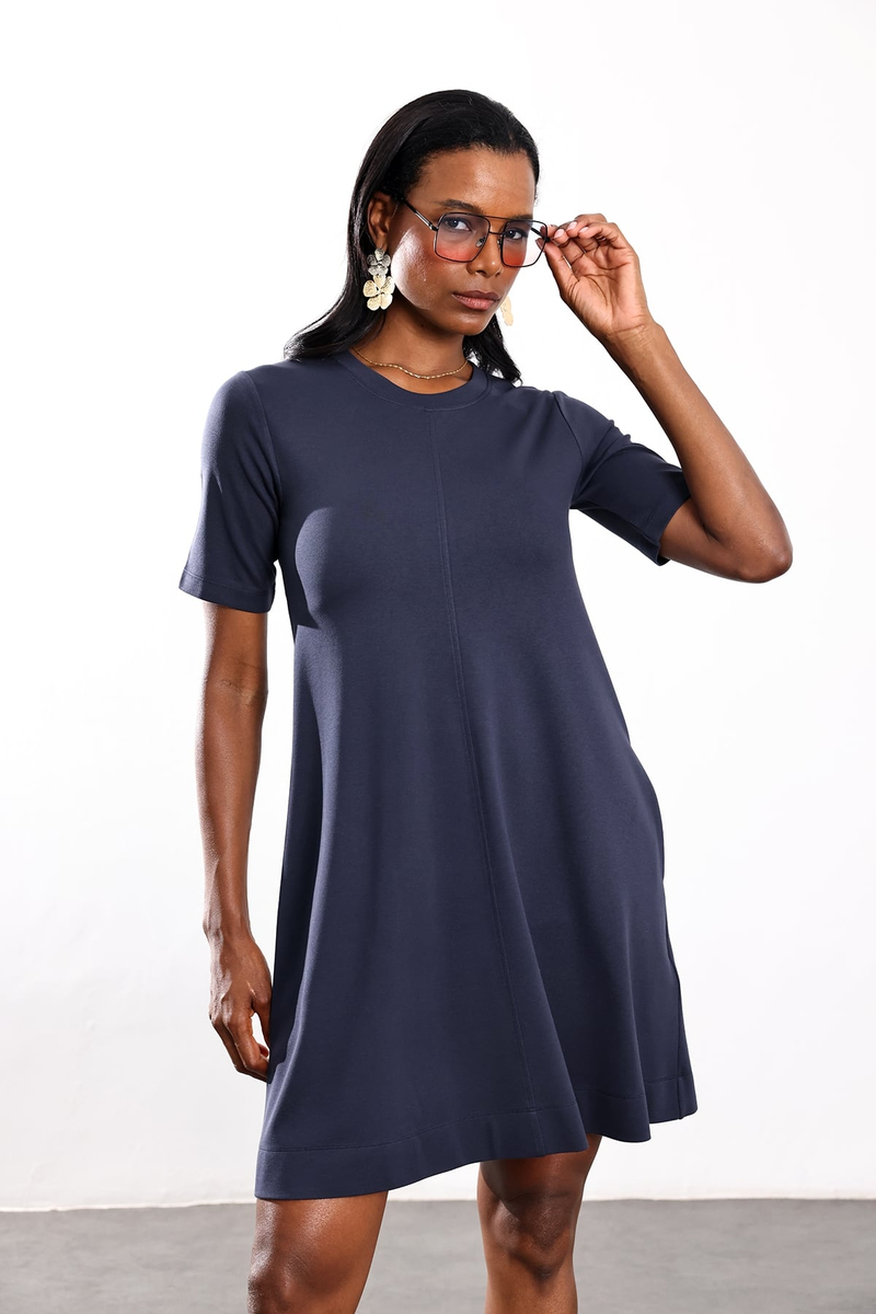 Lacivert Bisiklet Yaka Basic Elbise 