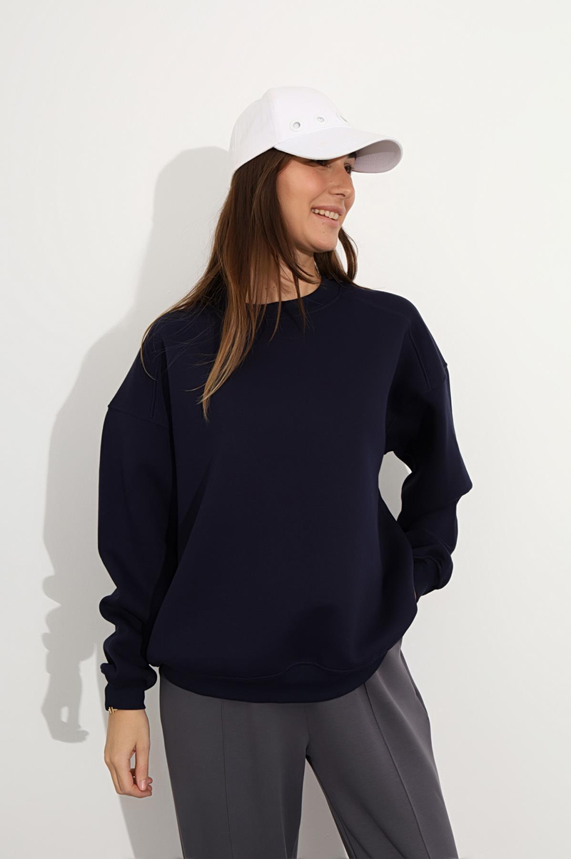 Lacivert Bisiklet Yaka Basic Sweatshirt 3408-23