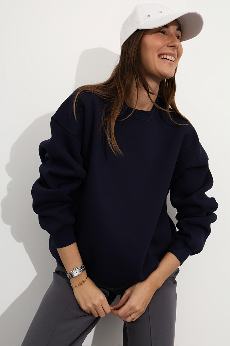 Lacivert Bisiklet Yaka Basic Sweatshirt 3408-23