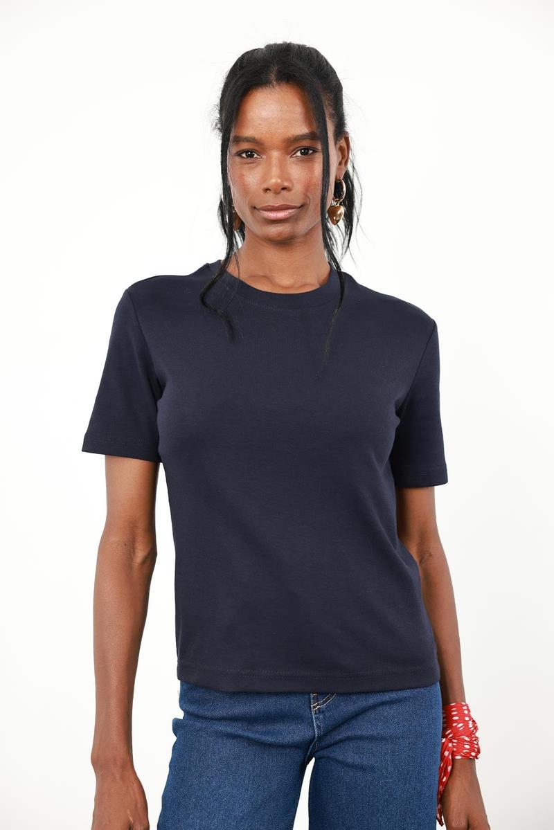 Lacivert Bisiklet Yaka Basic Tişört 1075