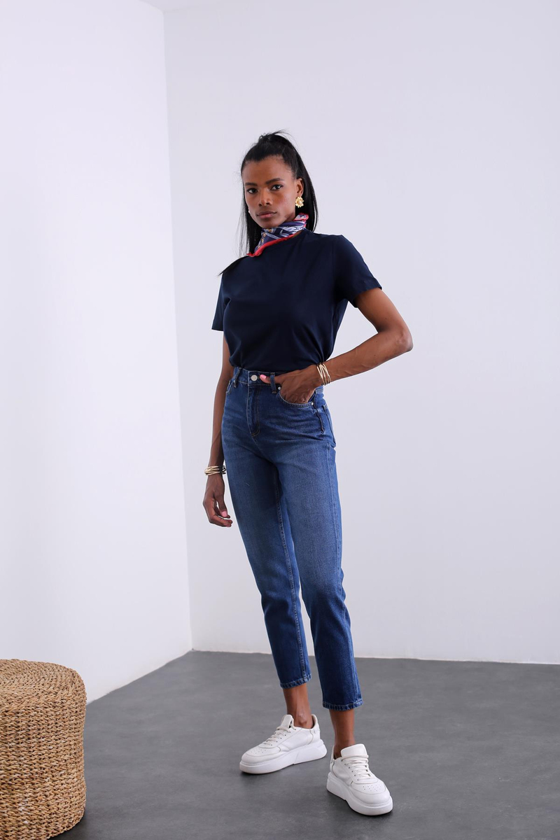 Lacivert Bisiklet Yaka Basic Tshirt 