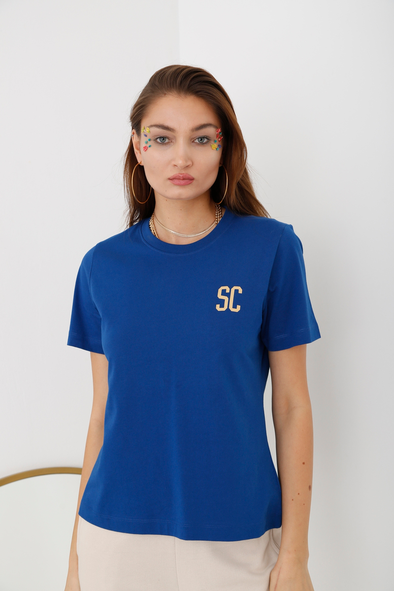 Lacivert Bisiklet Yaka Baskılı Tshirt 