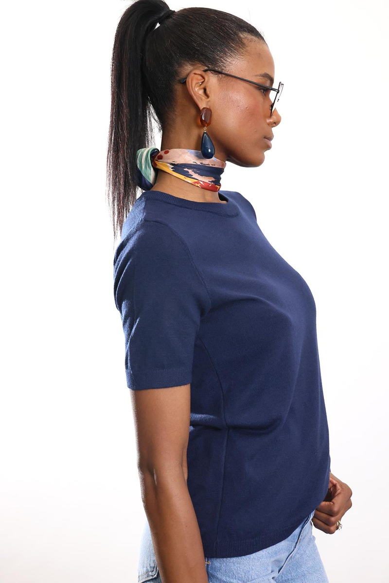 Lacivert Bisiklet Yaka Kısa Kol Triko 4579