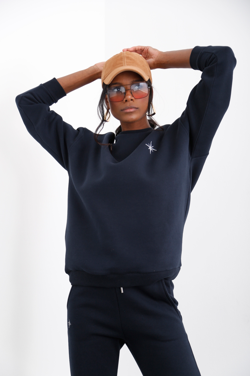 Lacivert Bisiklet Yaka Şardonlu Sweatshirt 