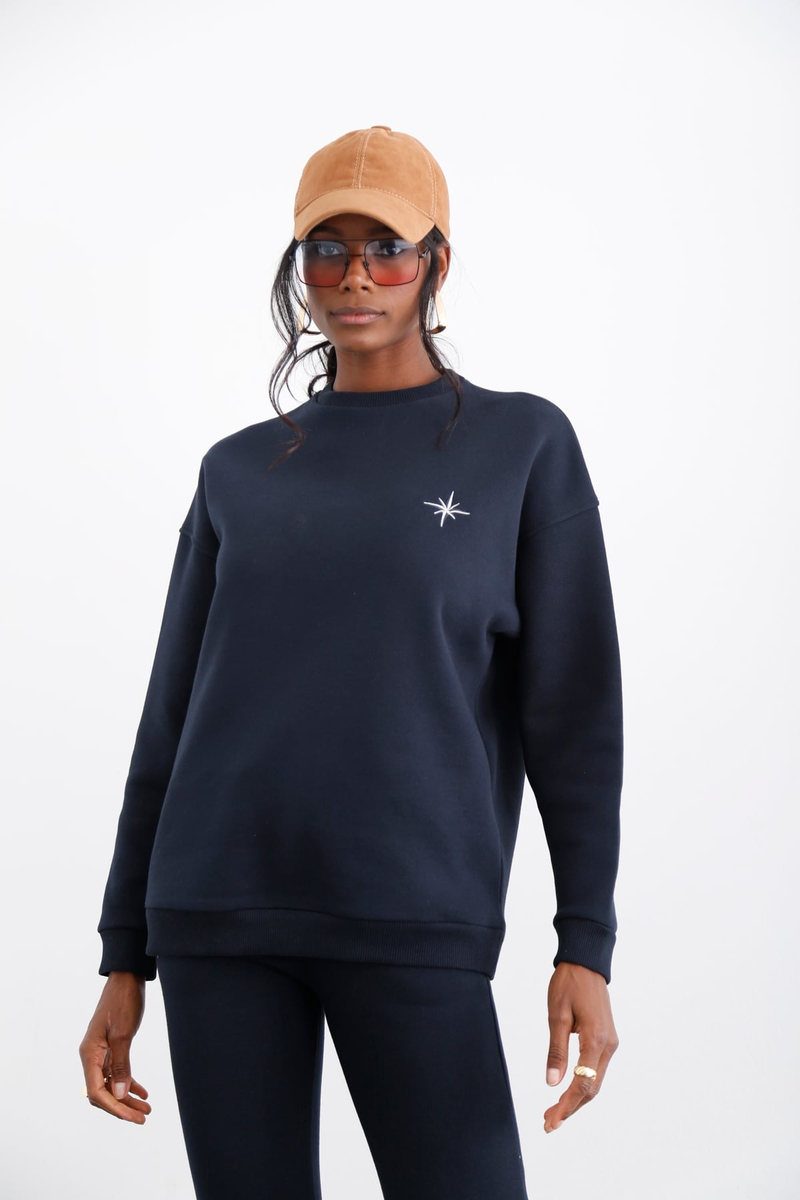 Lacivert Bisiklet Yaka Şardonlu Sweatshirt 