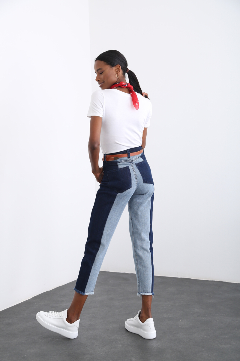 Lacivert Blok Desenli Jean 6803