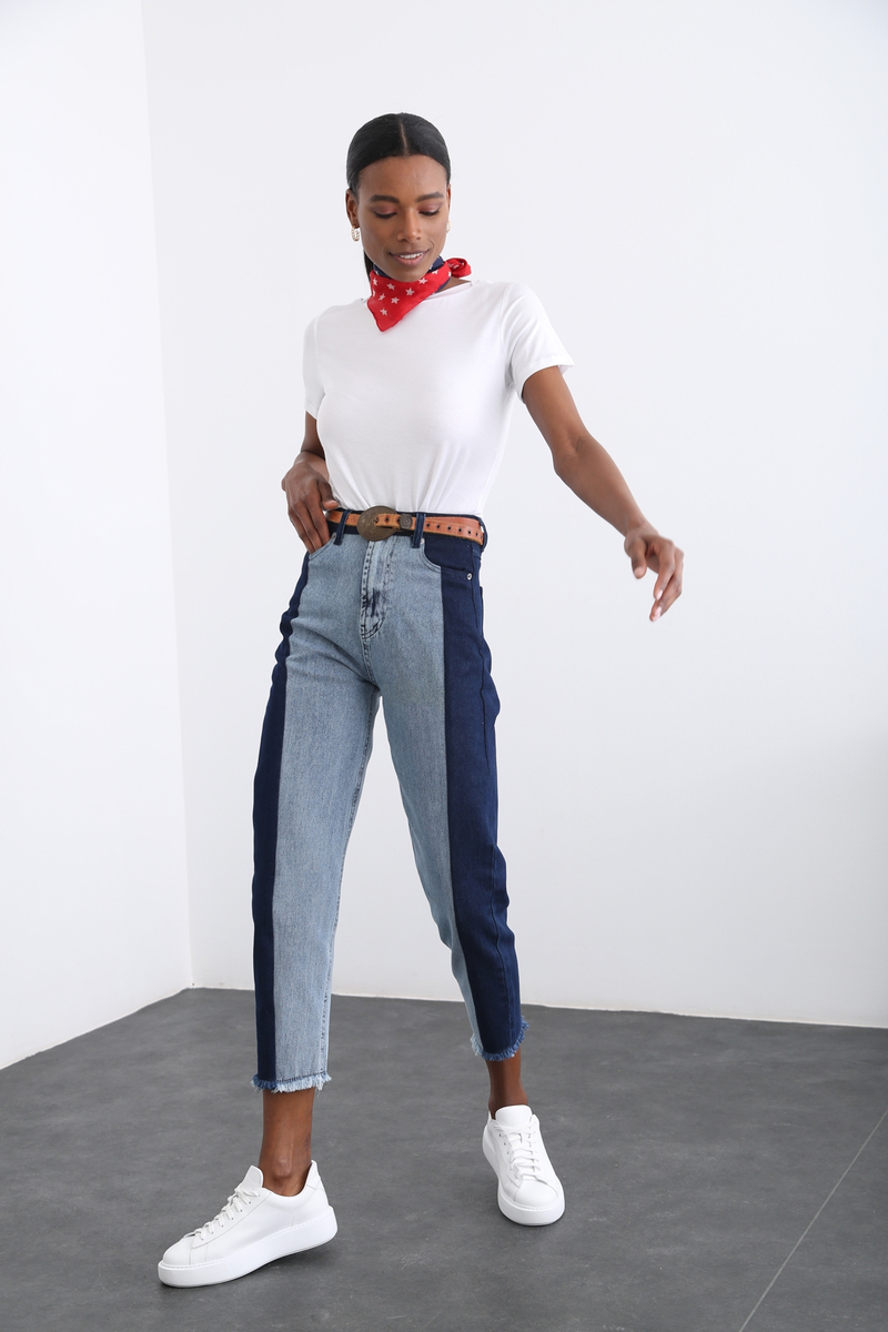 Lacivert Blok Desenli Jean 6803
