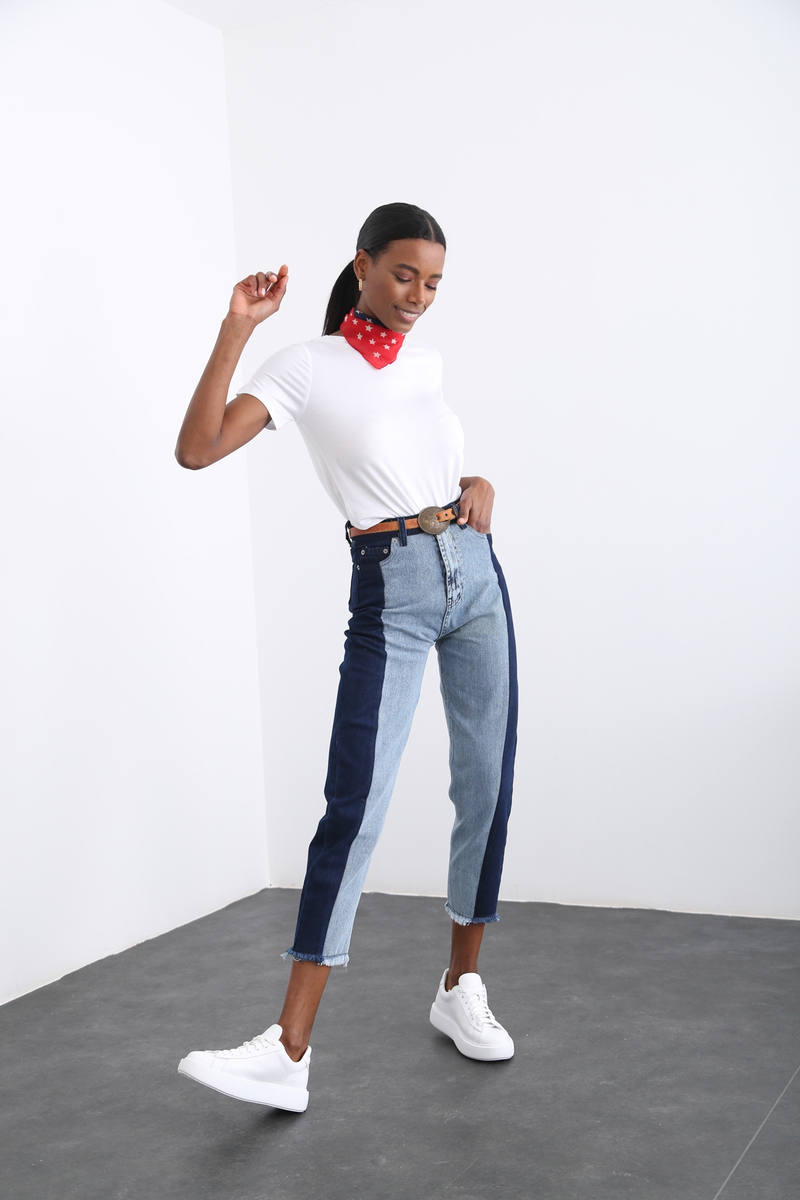 Lacivert Blok Desenli Jean 6803