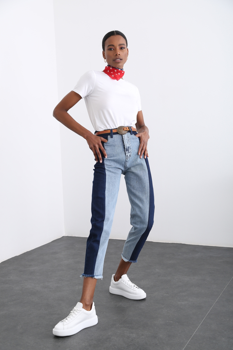 Lacivert Blok Desenli Jean 6803