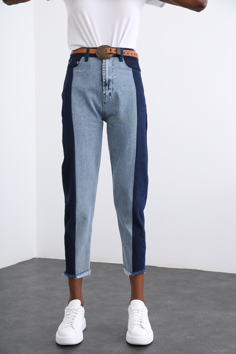 Lacivert Blok Desenli Jean 6803